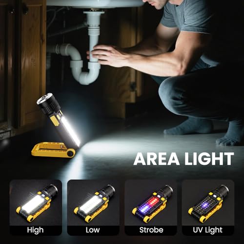 Rechargeable LED Work Light, Magnetic COB Flashlight with Hook & Clamp, 7 Modes Portable Work Lamp with Battery Display for Car Repair, Camping, Emergency(2 Packs) - size: 2 Pack Yellow