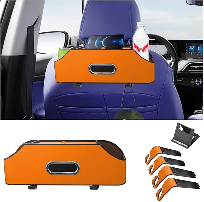 AUCELI Car Seat Back Organizer with Cup Holder and Tissue Box, Headrest Hanging Storage Box with Hooks and Phone Holder, Multi-Function Travel Tray for Kids (Reddish Brown)
