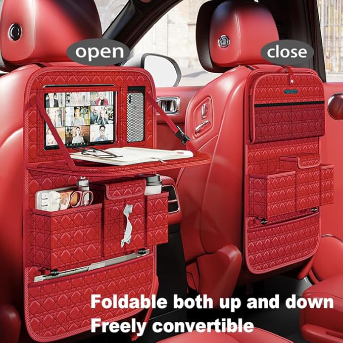 GMQ Backseat Car Organizer 1 Pack, Car Back Seat Organizers with Tray,Multifunctional Car Seat Back Organizer with Foldable Tablet Holder (Red, 1 PC)