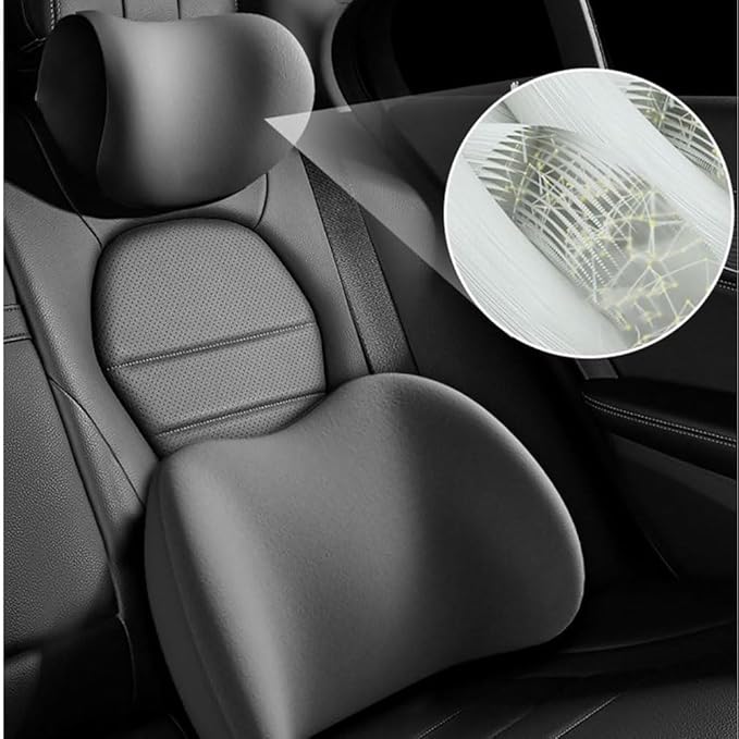 Car Seat Headrest Lumbar Support Kit for Tesla Model Y 2021 2022 2023, Ergonomic Memory Foam Head Neck Pillow Back Cushion Drivers Travel Anti Fatigue,C/Grey
