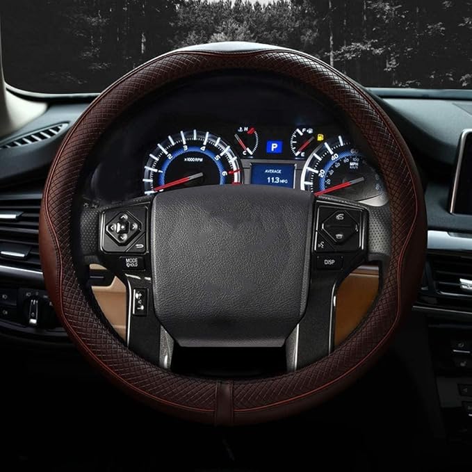 Valleycomfy Steering Wheel Covers Universal 15.75 inch - Genuine Leather, Breathable, Anti Slip & Odor Free (Coffee, L(15" 1/2-16"))