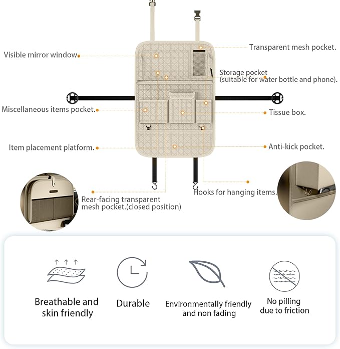 GMQ Backseat Car Organizer 1 Pack, Car Back Seat Organizers with Tray,Multifunctional Car Seat Back Organizer with Foldable Tablet Holder (Beige, 1 PC)