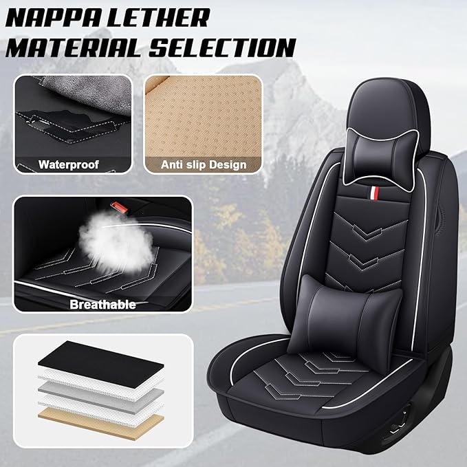 MVRVMV Luxury Car Seat Covers for Honda Pilot 2010-2026, Nappa Leather Auto Seat Cover with 2 Neck Pillows and 2 Lumbar Supports (2 Seat Luxury, Black-White)