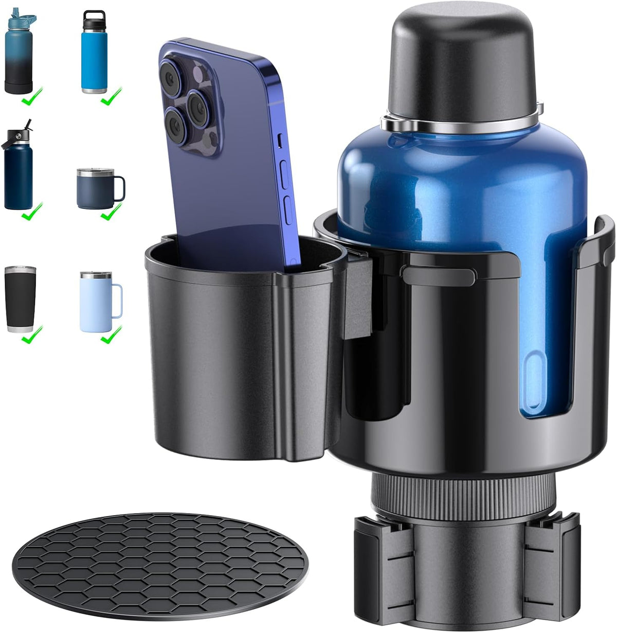 2-in-1 Car Cup Holder Expander, Upgraded Cup Adapter for Car with Offset Option,Phone Holder - Adjustable Base,Versatile Car Accessories Fits Yeti,Hydroflask & Large Water Bottles in 2.2"-4.2" (Black)