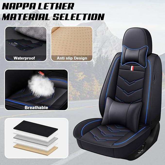 MVRVMV Seat Covers for Ford Maverick 2022-2026, Waterproof Leather Auto Seat Cover with 2* Neck Pillow and 2* Lumbar Support (5 Seat Luxury,Black-Blue)