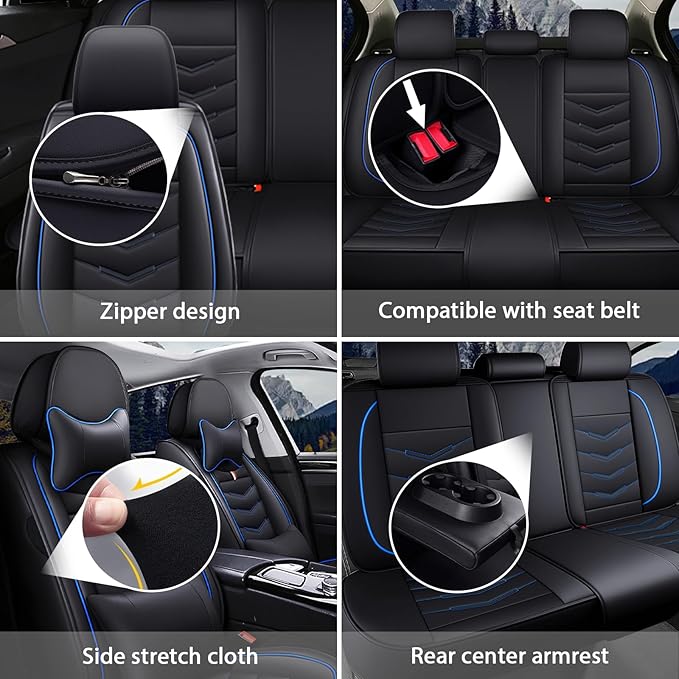 MVRVMV Seat Covers for Ford F-250 2010-2026, Waterproof Leather Auto Seat Cover with 2* Neck Pillow and 2* Lumbar Support (5 Seat Luxury,Black-Blue)