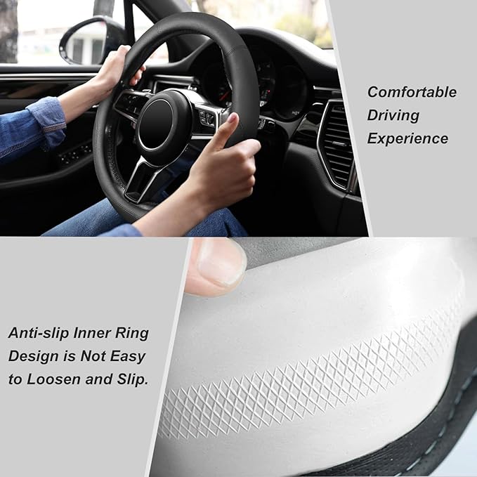 KAFEEK Black Steering Wheel Cover, Universal 15 inch, Microfiber Leather Black, Soft and Odorless, Durable Leather Cover with Anti-Slip Lining