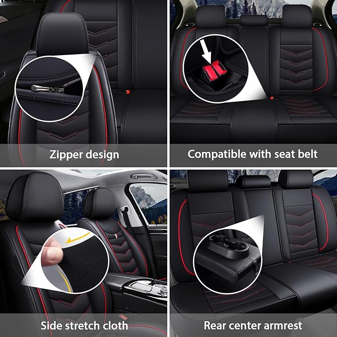 MVRVMV for Ford F-150 2010-2026 Seat Covers, Waterproof Leather Seat Cover (5 Seat Standard,Black-Red)