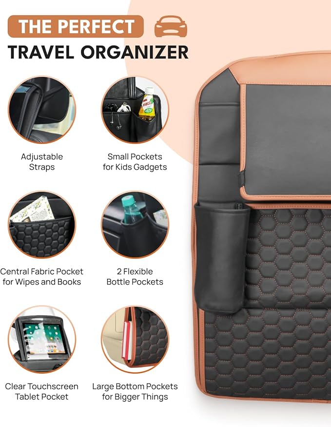 Owleys Set Seat Back Organizer & Car Seat Protector Hexy Waterproof & Non-Slip Protector for Child Car Cushion for Leather and Fabric Seats