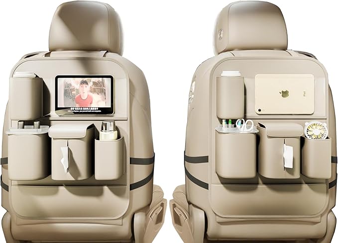 GMQ Backseat Car Organizer with Touch Screen,Protectors Kick Mats Travel Accessories for Kids,Multifunctional Seat Back Organizer Car Travel Organizer Accessories (Beige, 2PCS)