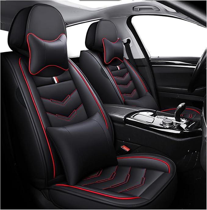 MVRVMV for Ford Explorer 2007-2026 Seat Covers, Waterproof Leather Seat Cover with 2* Neck Pillow and 2* Lumbar Support (2 Seat Luxury,Black-Red)