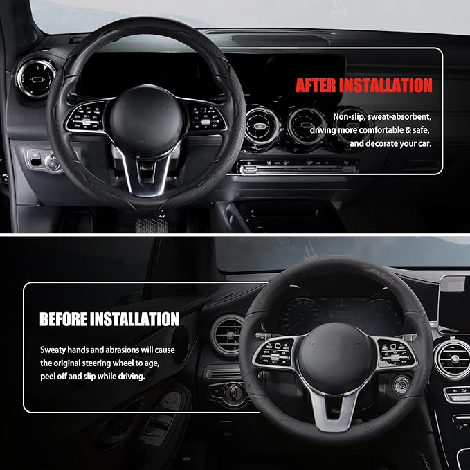 Nappa Leather Car Steering Wheel Cover for Men Women, Ultra-Thin Non-Slip Breathable Microfibre, Universal for 14.5"-15" Steering Wheel - Black