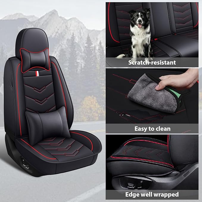 MVRVMV for Ford Explorer 2007-2026 Seat Covers, Waterproof Leather Seat Cover with 2* Neck Pillow and 2* Lumbar Support (2 Seat Luxury,Black-Red)