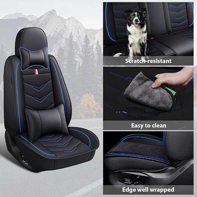MVRVMV Seat Covers for Ford F-350 2010-2026, Waterproof Leather Auto Seat Cover with 2* Neck Pillow and 2* Lumbar Support (5 Seat Luxury,Black-Blue)