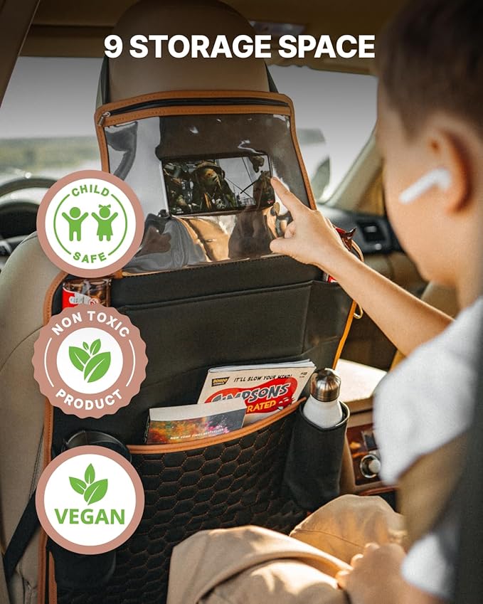Owleys Set Car Seat Organizer Backseat Back Organizers & Seat Protector Kick Mat Back Of Seat Protector Automotive Organizer Seatback Toy Organization For Kids Behind Black Brown Tan
