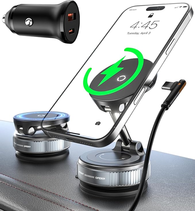 CloudValley 15W Fast Wireless Charger Car Phone Mount Charger with Type-C Fast Car Charger, Vacuum Suction Cup Magnetic Phone Holder Design for MagSafe iPhone 17 Pro Max 16-12 Series,Pixel 10 Pro XL