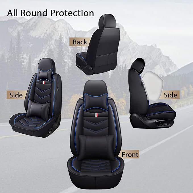 MVRVMV Luxury Car Seat Covers for Honda Pilot 2010-2026, Nappa Leather Auto Seat Cover with 2 Neck Pillows and 2 Lumbar Supports (5 Seat Luxury, Black-Blue)