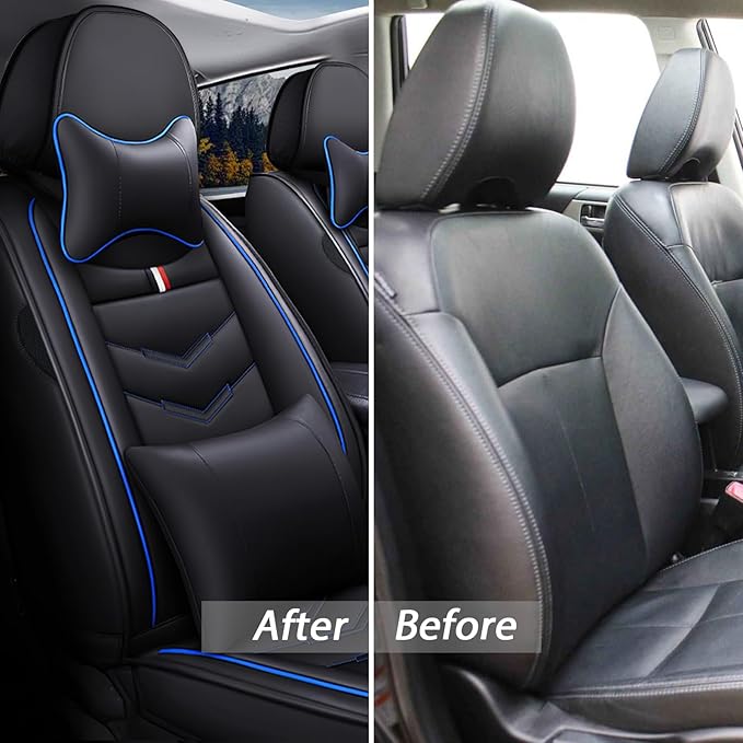 MVRVMV Seat Covers for Ford F-350 2010-2026, Waterproof Leather Auto Seat Cover with 2* Neck Pillow and 2* Lumbar Support (5 Seat Luxury,Black-Blue)