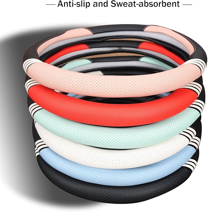 14 inch Cute D Shaped Steering Wheel Cover for Women Men Faux Leather and Carbon Fiber,Black
