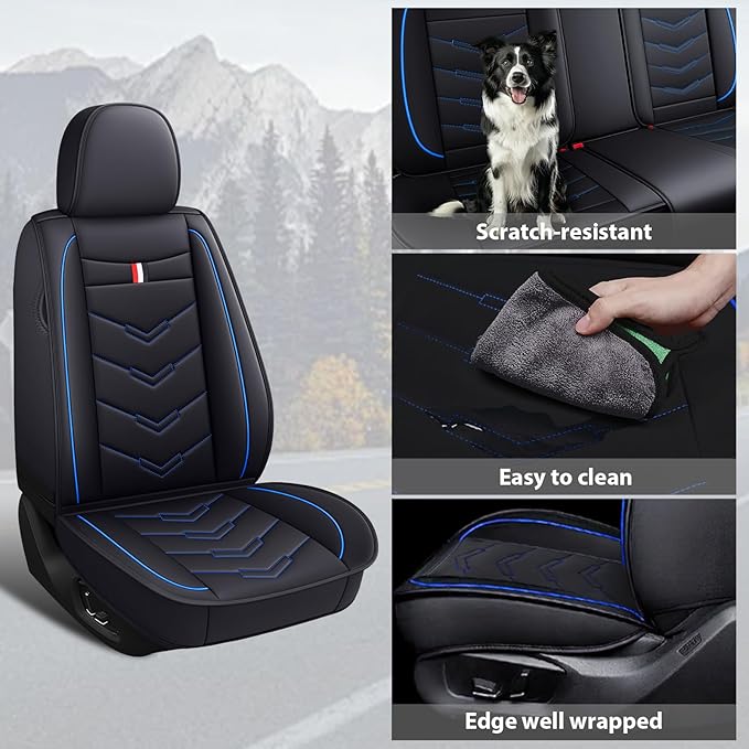 MVRVMV Seat Covers for Ford Mustang 2006-2026, Waterproof Leather Auto Seat Cover (2 Seat Standard,Black-Blue)