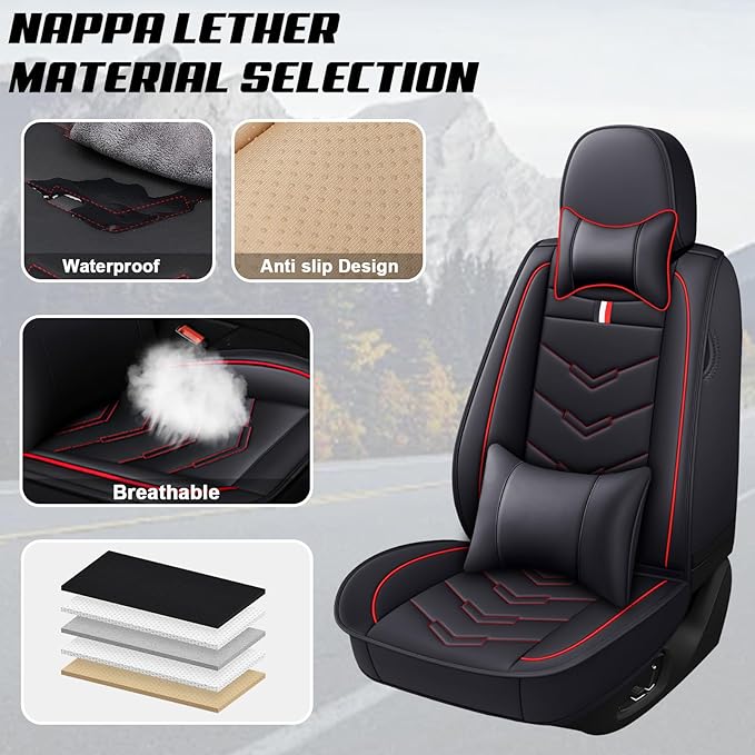 MVRVMV Luxury Car Seat Covers for Ford Explorer 2012-2026, Nappa Leather Auto Seat Cover with 2 Neck Pillows and 2 Lumbar Supports (5 Seat Luxury, Black-Red)
