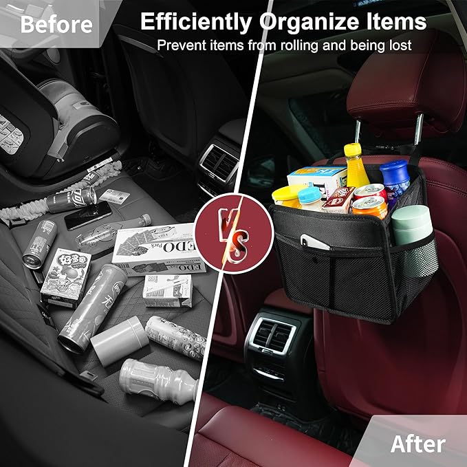 Car Seat Back Organizer Hanging Bag [2025 UPDATED] Foldable Backseat Storage Caddy with 5 Compartments & Adjustable Straps, Fits for Front/Back Headrest, Ultra-Durable - Black