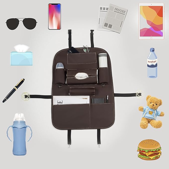 Backseat Car Organizer, PU Leather Car Seat Back Organizer Travel Storage Bag Holder Pocket Kick Mats Back Seat Protector Car Back Seat Organizer for Kids, Universal Car Travel Accessories