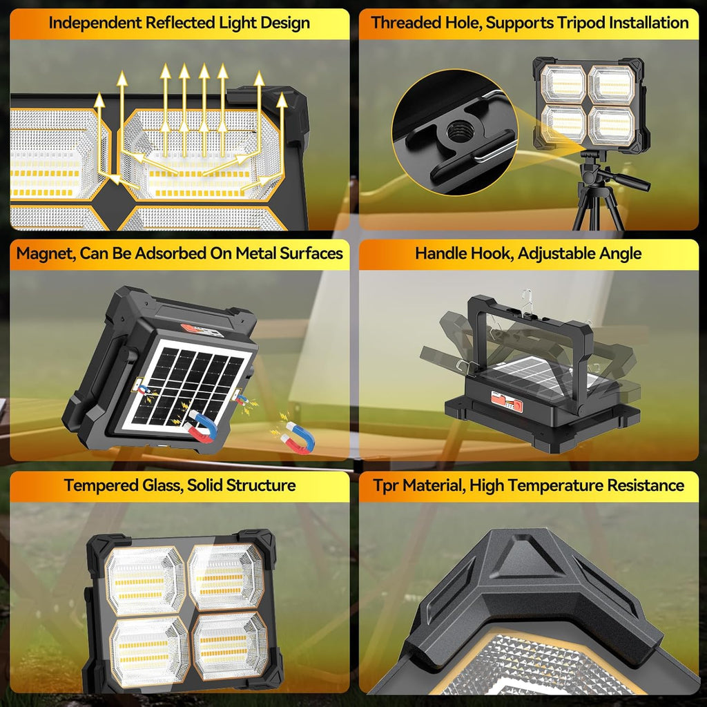 200W Led Work Light Rechargeable,20000MAh Solar Portable Light, 20000LM Magnetic Work Lights, 326 Led Battery Work Lights with Stand 5 Lights Modes IP66 Waterproof for Outdoor Camping Car Repairing