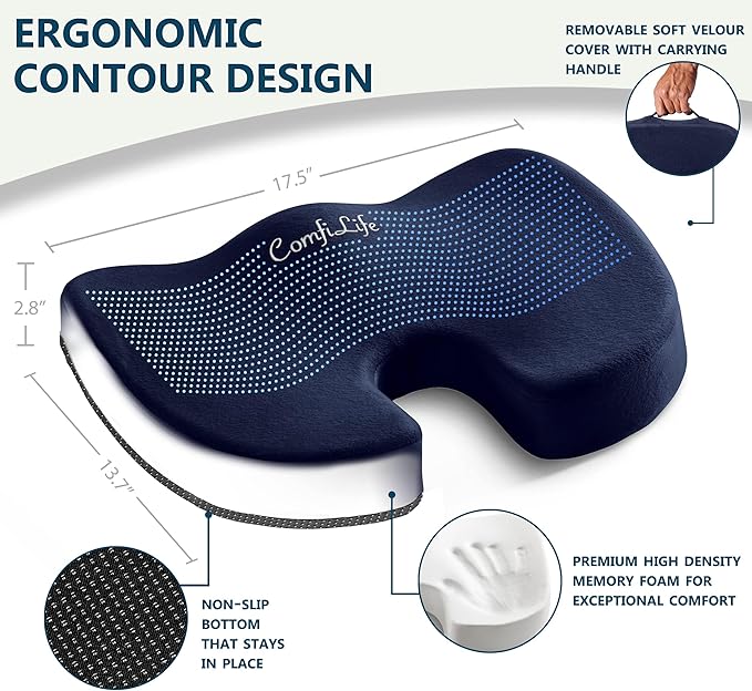 ComfiLife Premium Seat Cushion – 100% Memory Foam Office Chair Cushion, Back Relief (Navy)