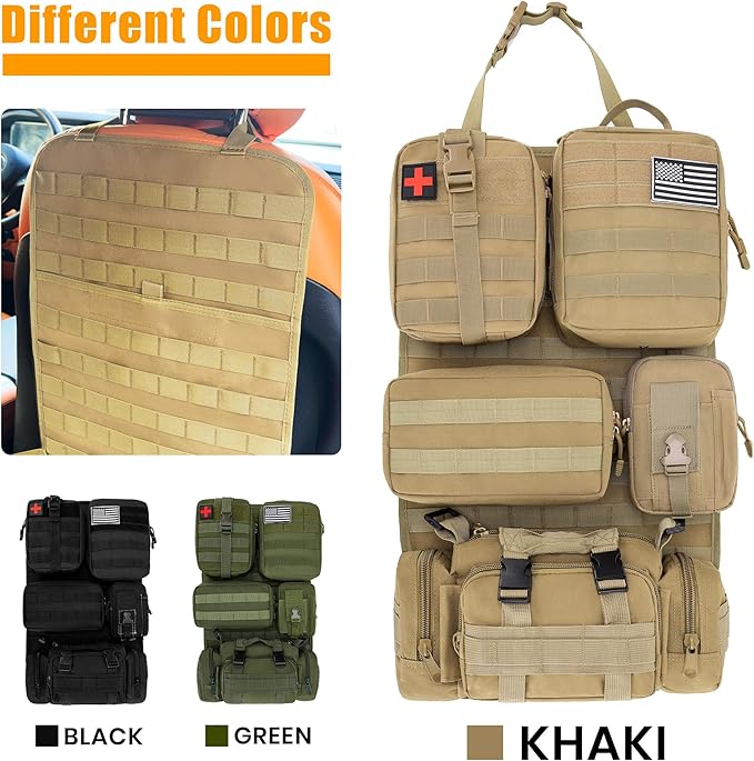 6 Pack Tactical MOLLE Car Seat Back Organizer - Universal Vehicle Storage Bag with 5 Detachable MOLLE Pouches, US Flag Patch, Fits Jeep, Truck, SUV, Car, Ford, Chevy, Toyota, Honda (KHAKI)